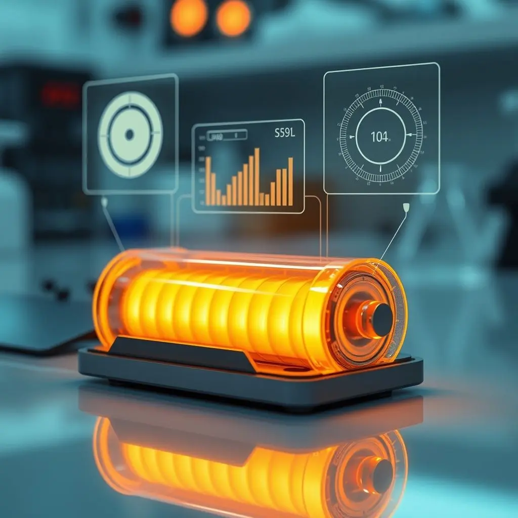 Scientist examining an advanced battery cell in a high-tech lab.
