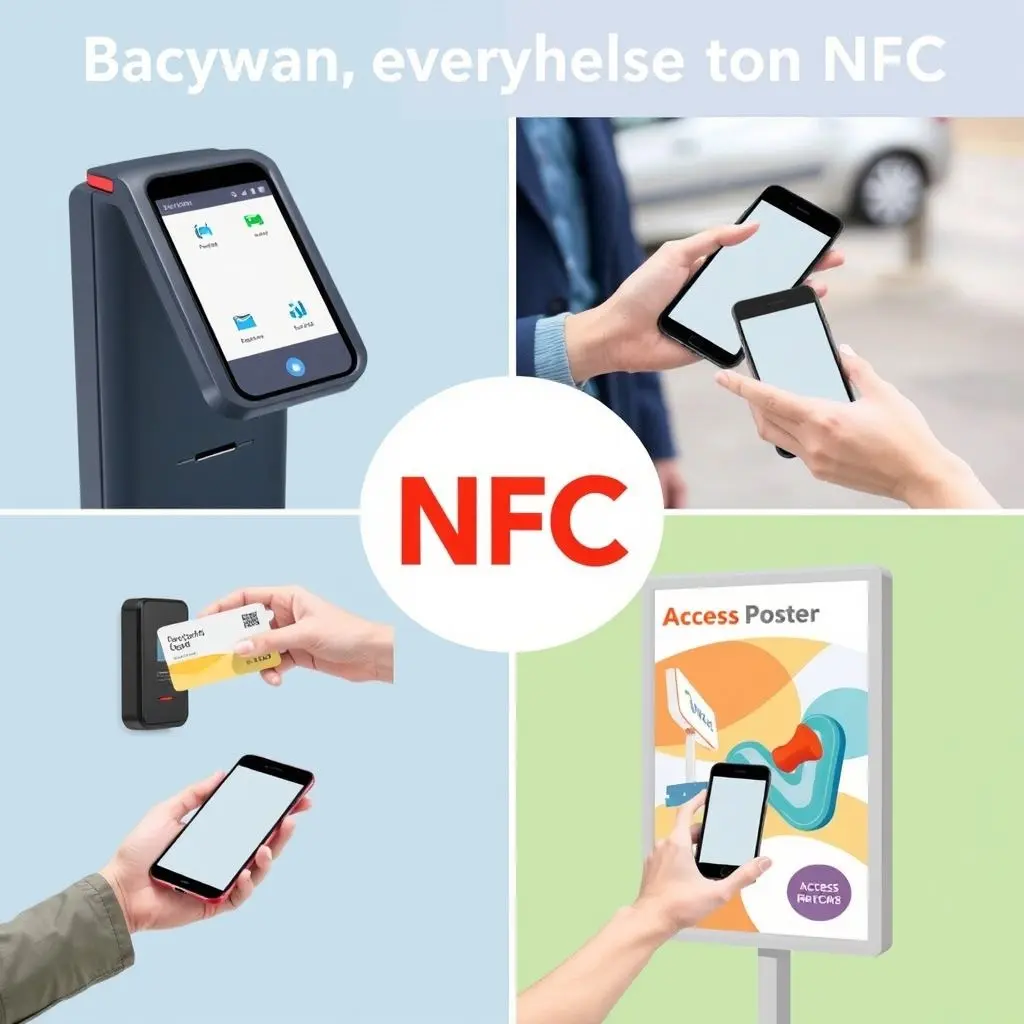 Collage showing various NFC applications: contactless payment, phone tapping, access card, smart poster.