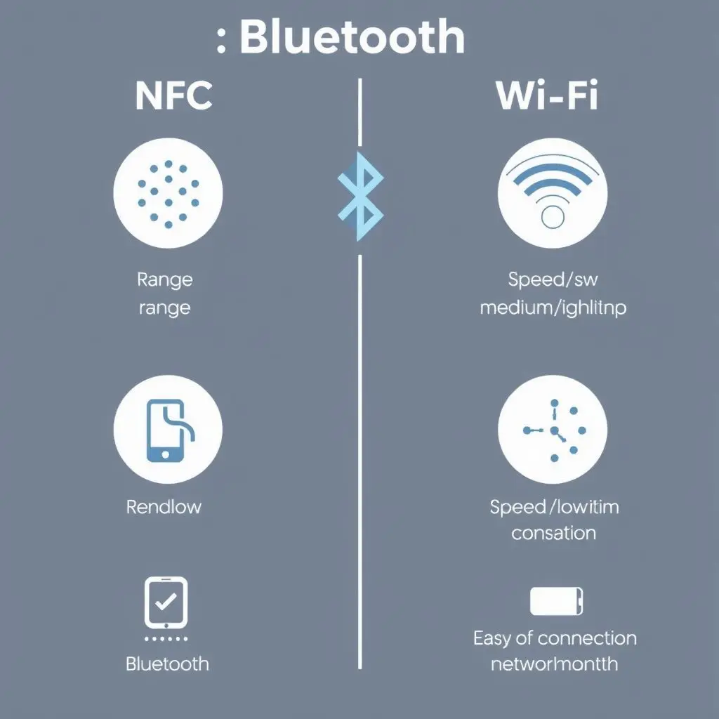 Infographic comparing NFC, Bluetooth, and Wi-Fi based on range, speed, power consumption, and setup complexity.