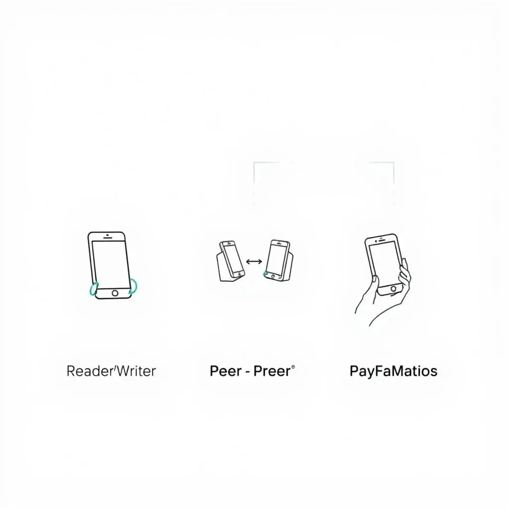 Diagram showing the three NFC modes: Reader/Writer, Peer-to-Peer, Card Emulation.
