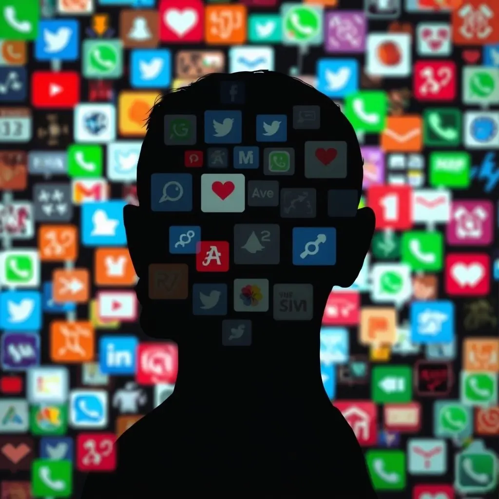Person's head silhouetted against a background of overlapping notification icons from different apps