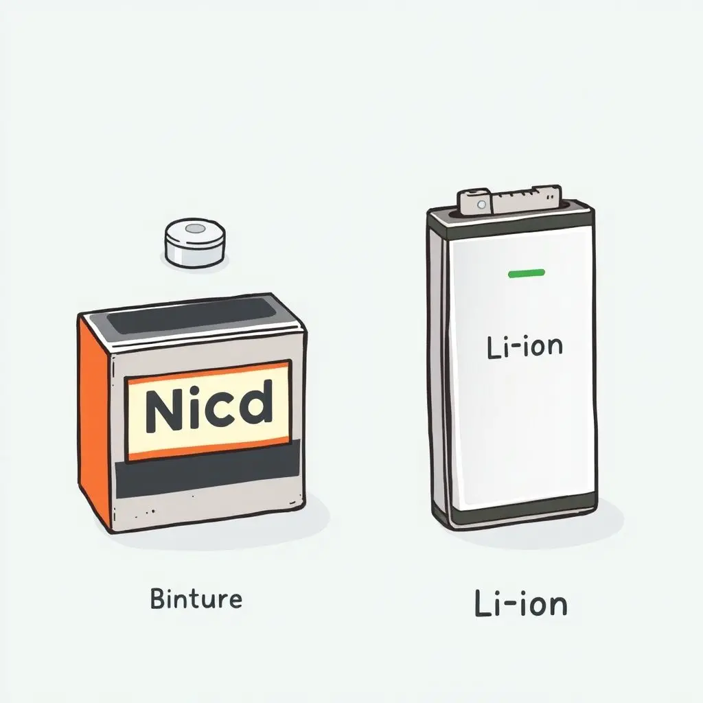 Illustration showing an old Nickel-Cadmium battery next to a sleek modern Lithium-Ion smartphone battery to represent the shift in technology.
