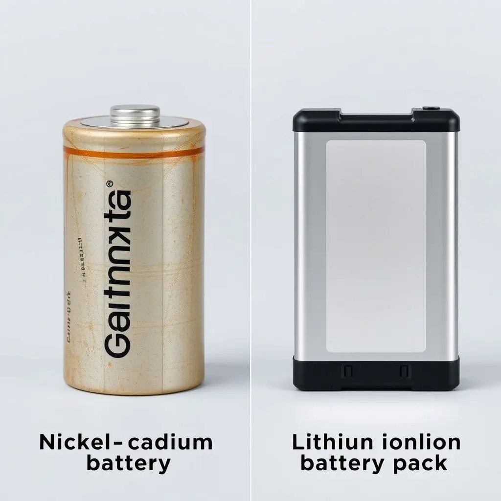 Comparison of old nickel-cadmium battery and modern lithium-ion battery cells.