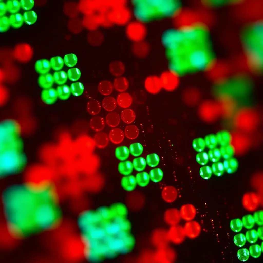 Microscopic view of OLED pixels, some glowing red, green, and blue, others off, showing true black.