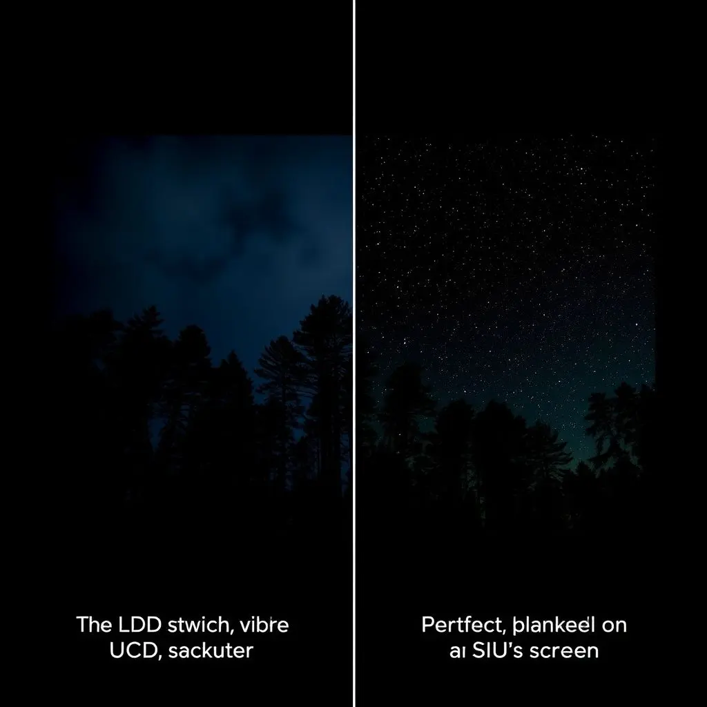 Side-by-side comparison: LCD screen with backlight glow versus OLED screen with true blacks in a dark scene.
