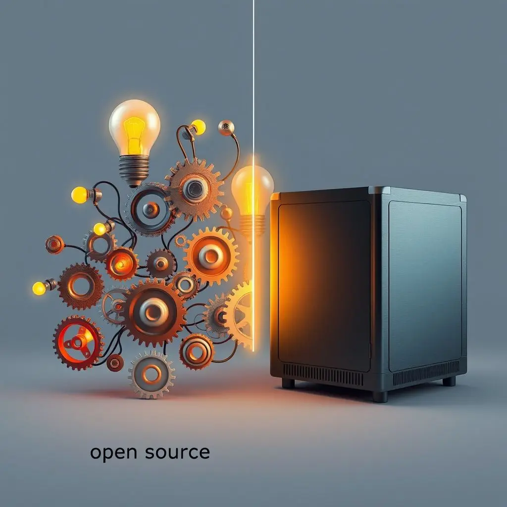 Conceptual art showing open source as collaborative gears and proprietary as a closed black box.