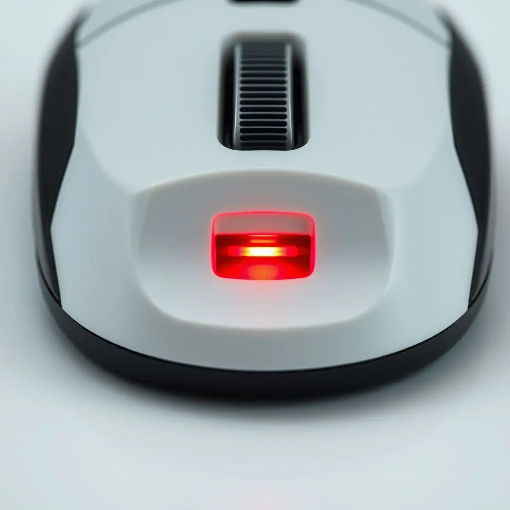 Close-up photo of the bottom of a modern optical mouse showing the optical sensor light.