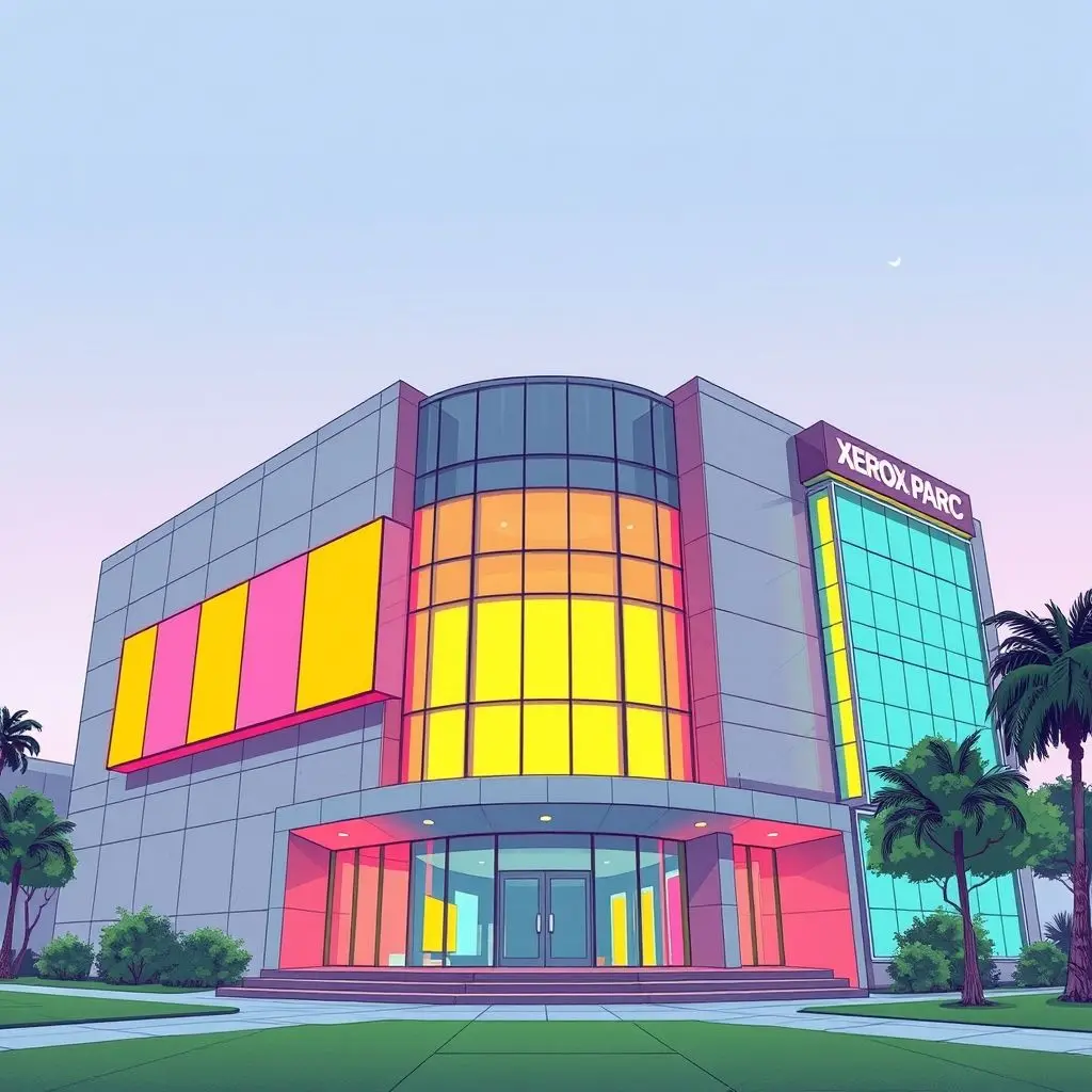 Stylized illustration of the Xerox PARC building facade, symbolizing innovation and research.