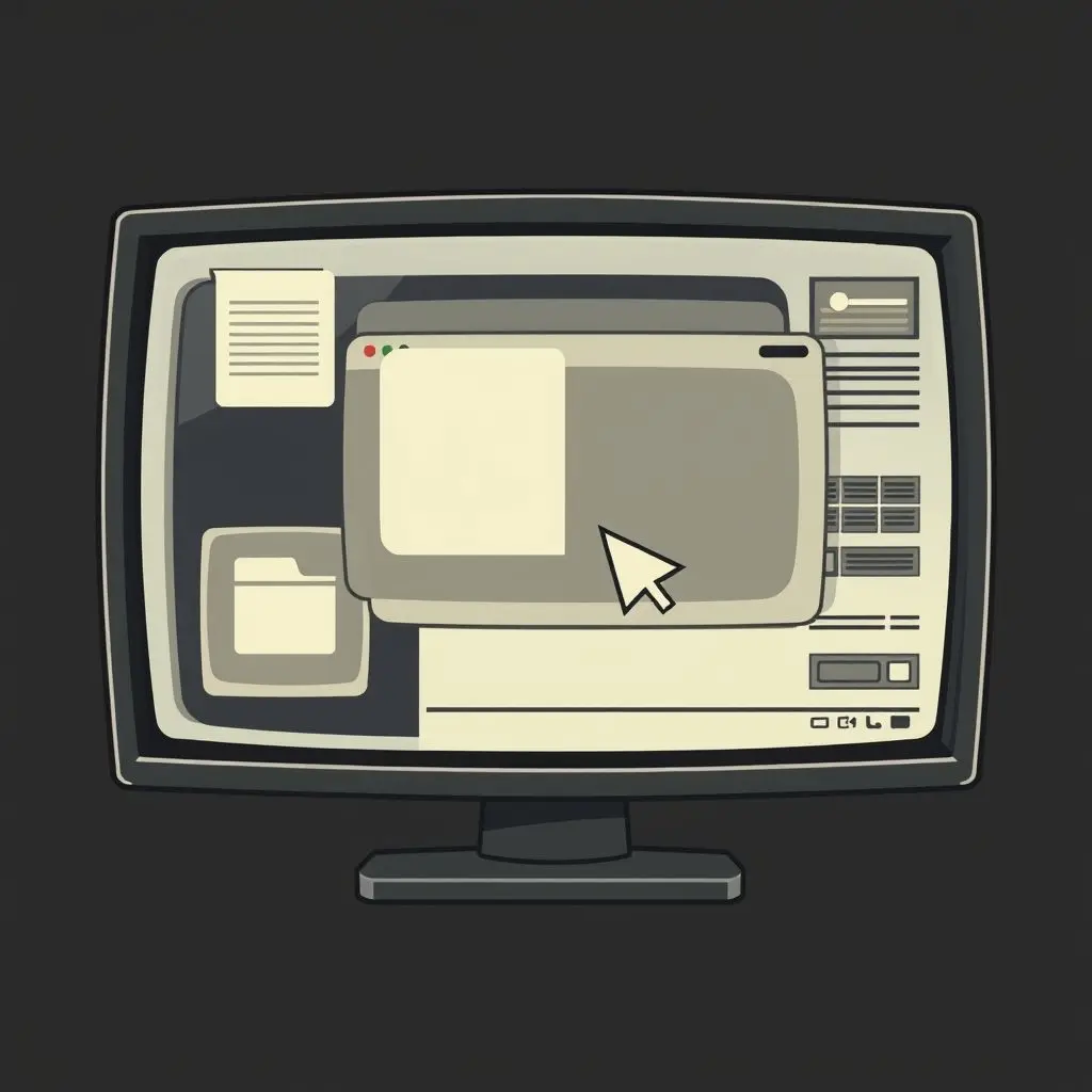 Stylized depiction of an early graphical user interface inspired by Xerox PARC, showing windows, icons, and a pointer.