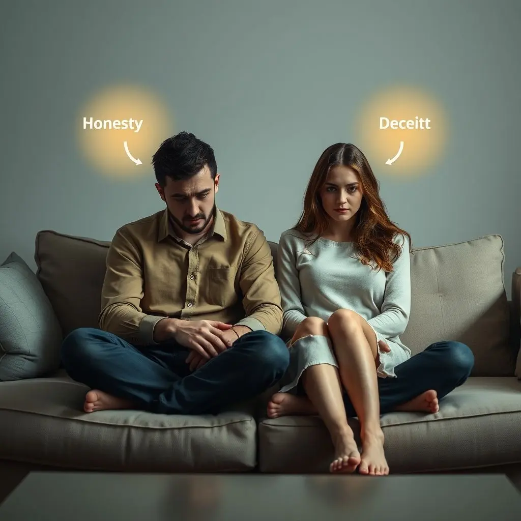 A couple sitting on a sofa, looking uncomfortable while subtle visual cues around them indicate honesty or deceit, perhaps represented by light or color changes associated with them.