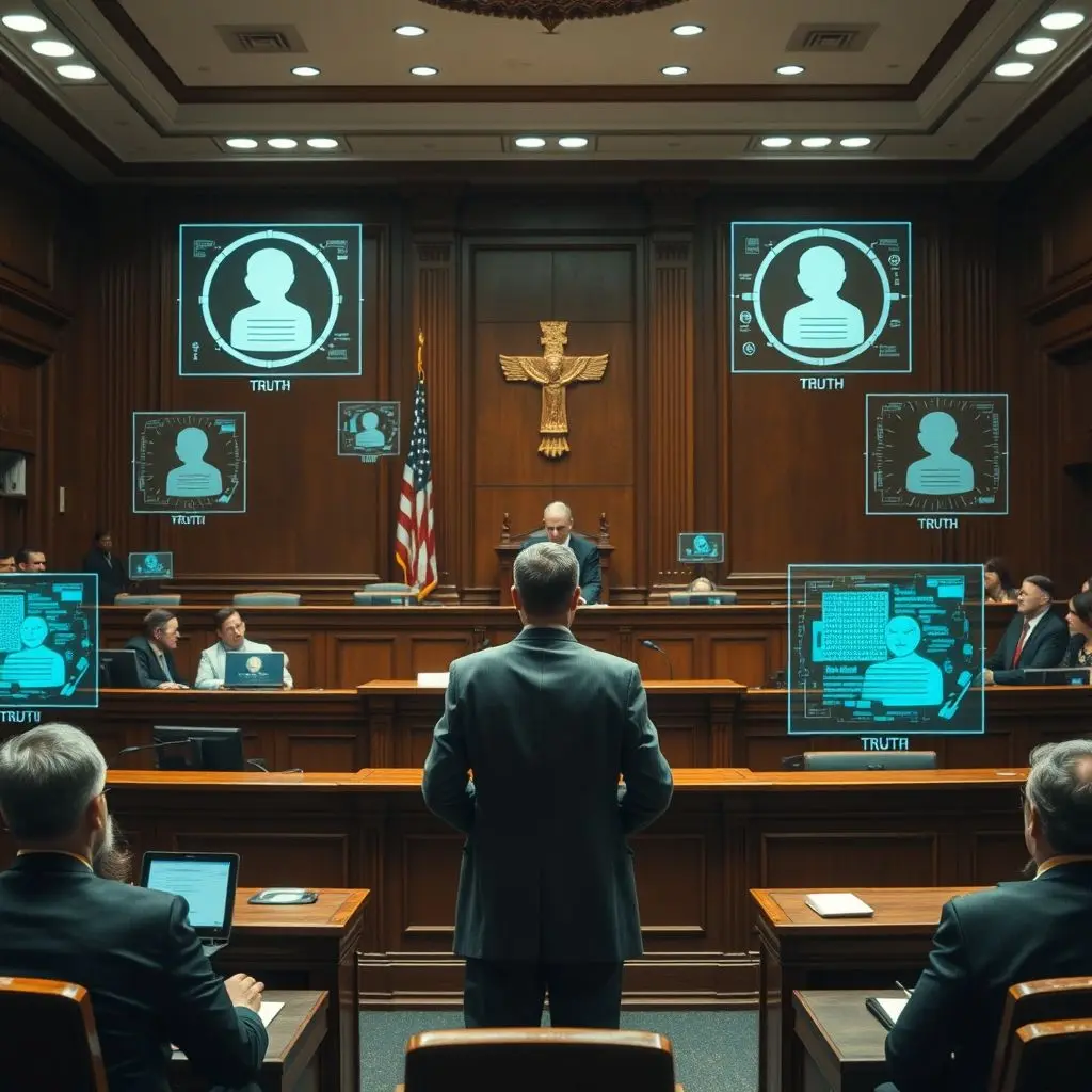 A courtroom scene where a witness is on the stand, and around them, technology displays or highlights indicators of truth or falsehood in real-time, visible to everyone in the room.