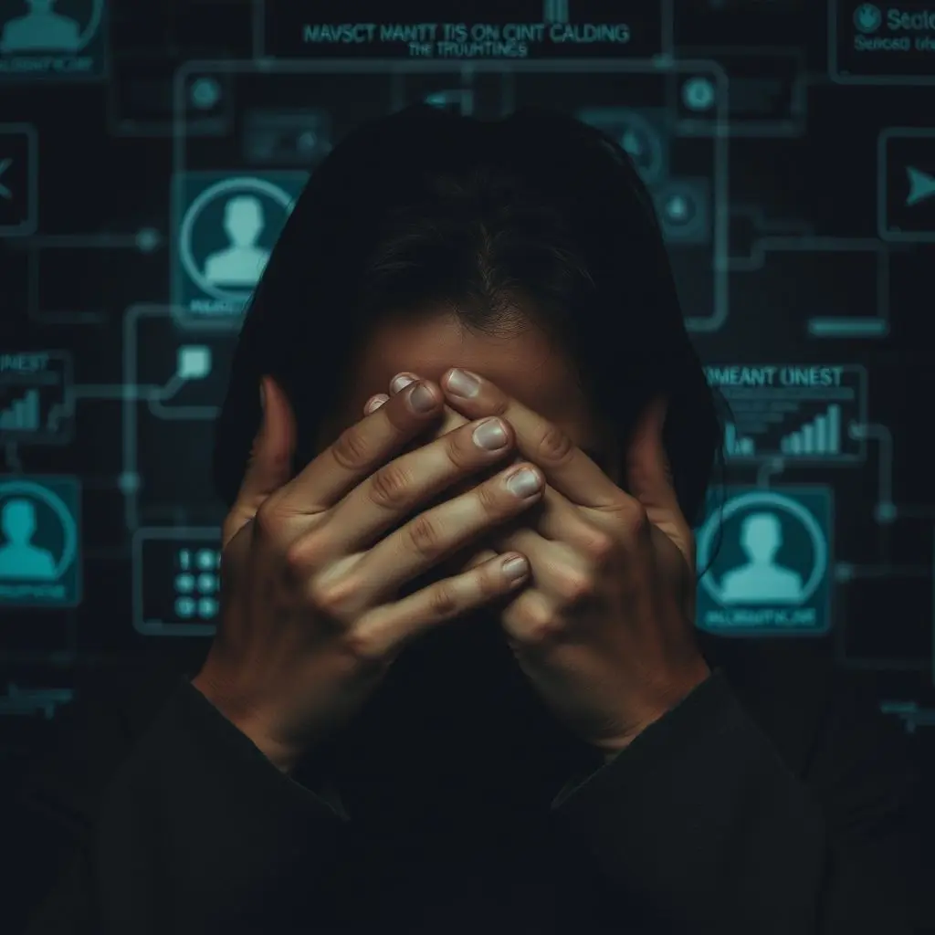 A person shielding their face or looking apprehensive, surrounded by subtle technological interfaces or light patterns that suggest a lack of privacy or being monitored for truthfulness.