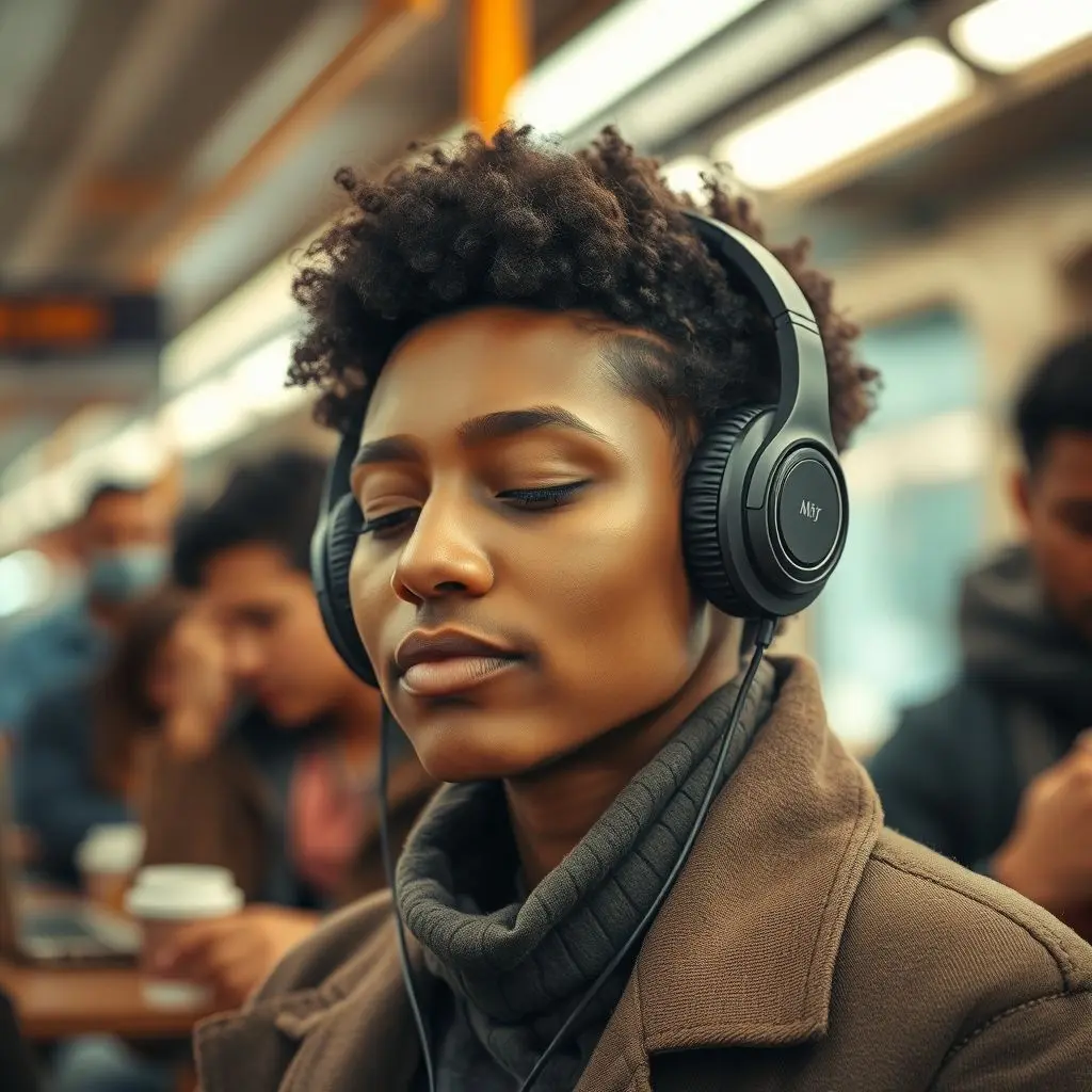 Person wearing noise-cancelling headphones, looking serene in a busy, blurred background.