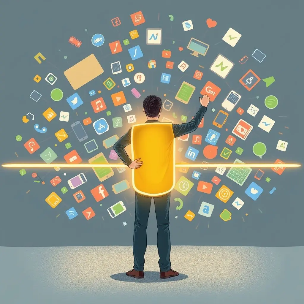 Illustration of a person setting a boundary line between themselves and a cloud of digital devices/icons