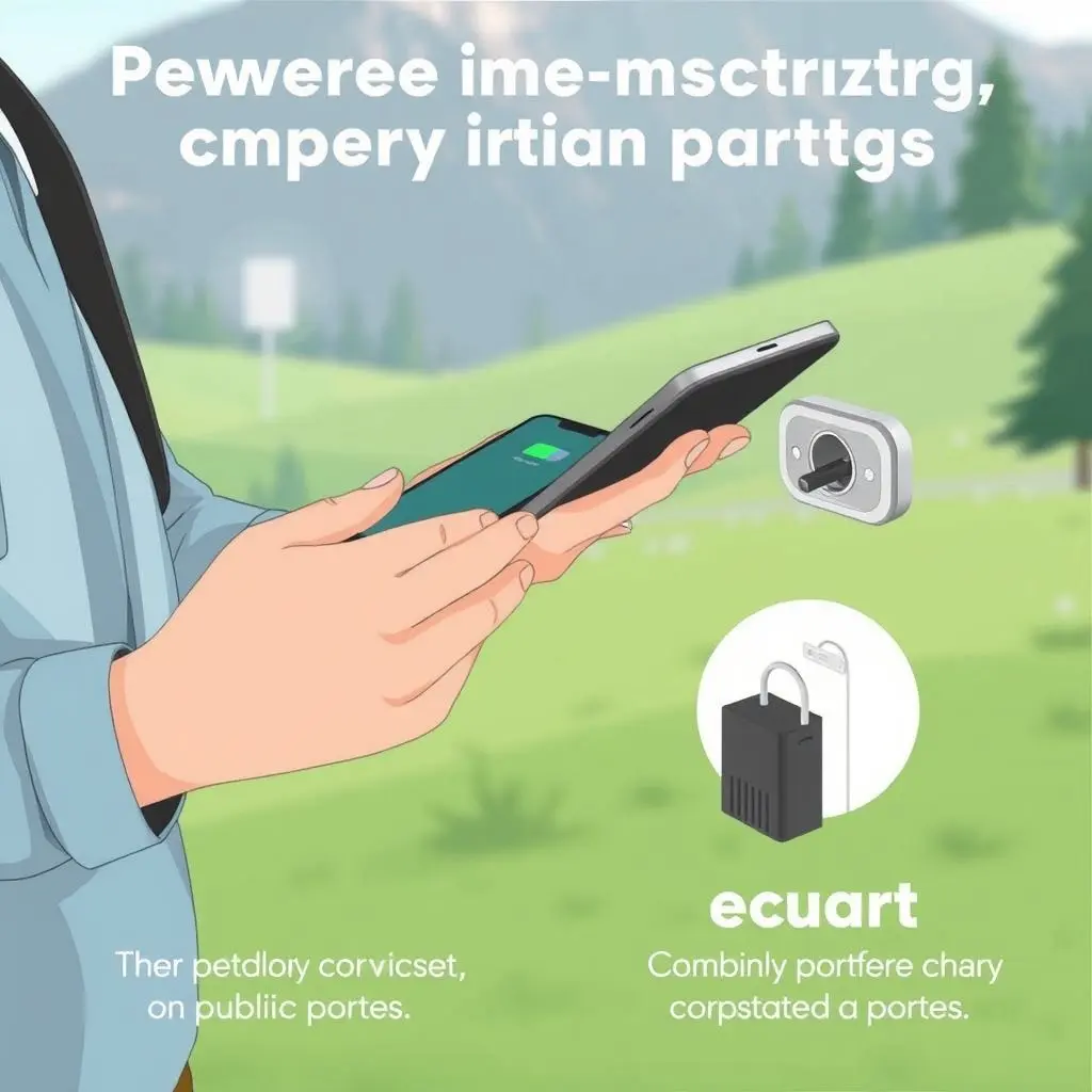 Illustration of a person using a power bank to charge their phone safely while traveling.