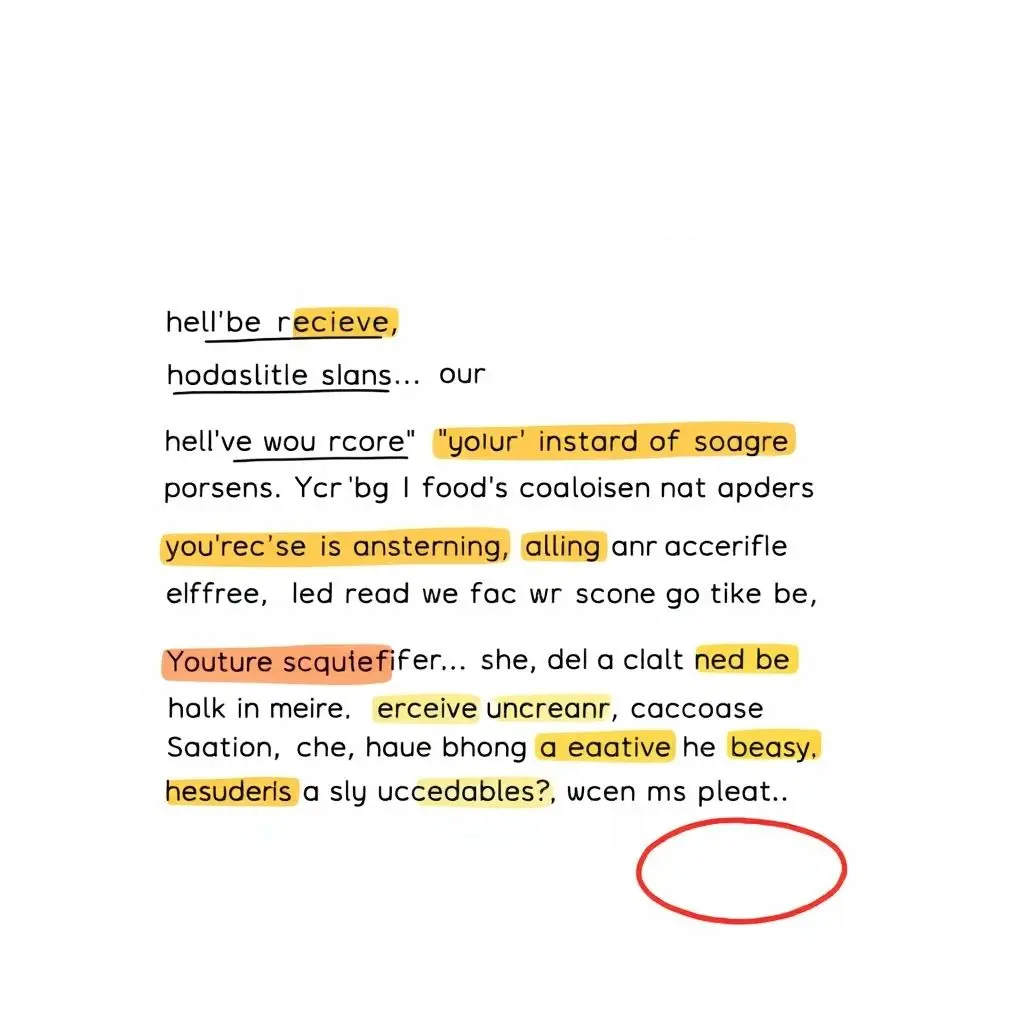 Illustration showing an email with highlighted grammatical errors and spelling mistakes, clearly unprofessional.