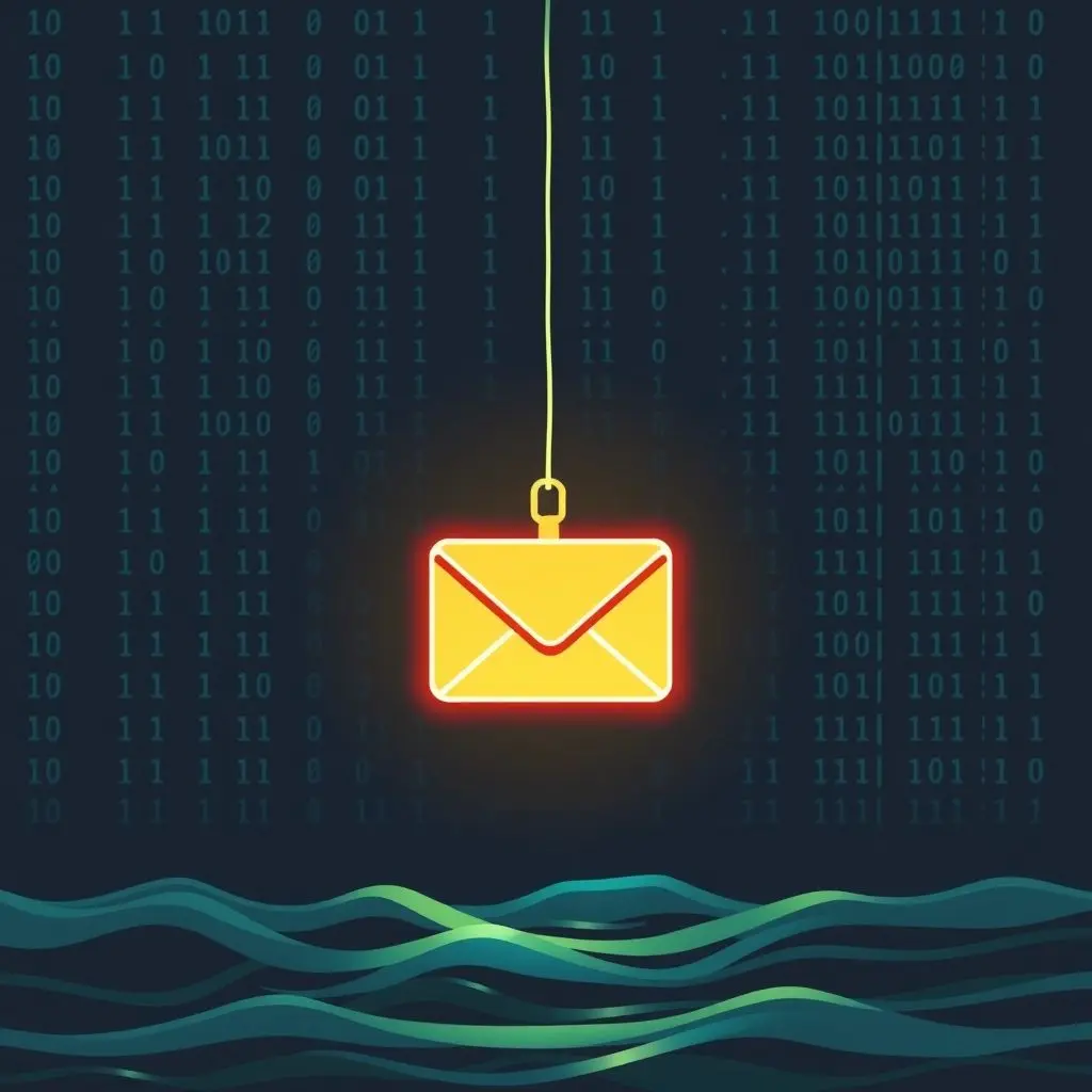 Stylized fishing hook with an email icon as bait in a digital ocean, illustrating a phishing attack.