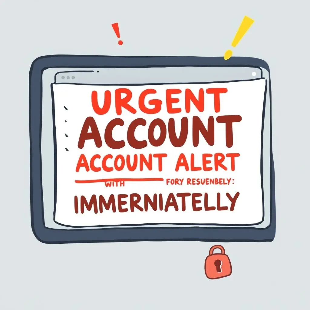 Illustration depicting an email with large, bold text like 'URGENT!' or 'Action Required Immediately' surrounded by alert symbols.