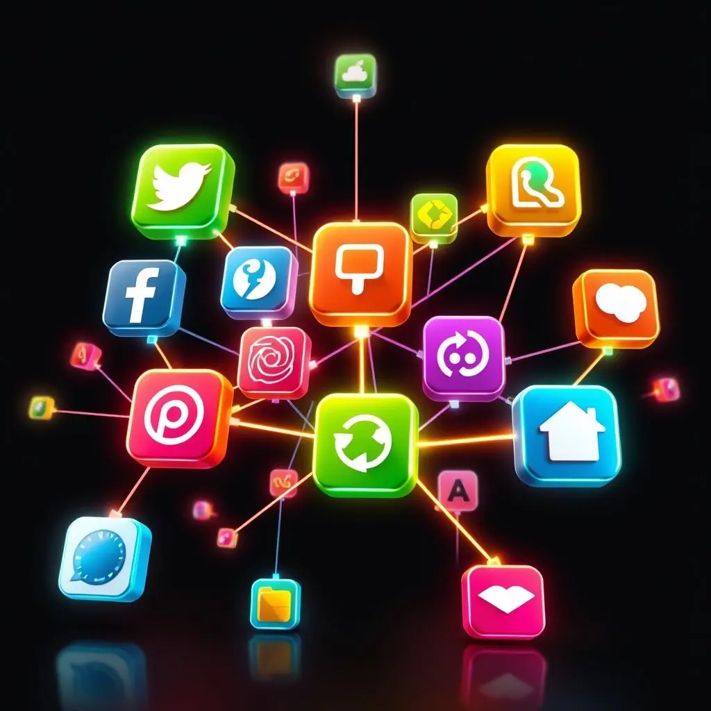 A network of popular app icons connected by glowing lines, representing API integrations.