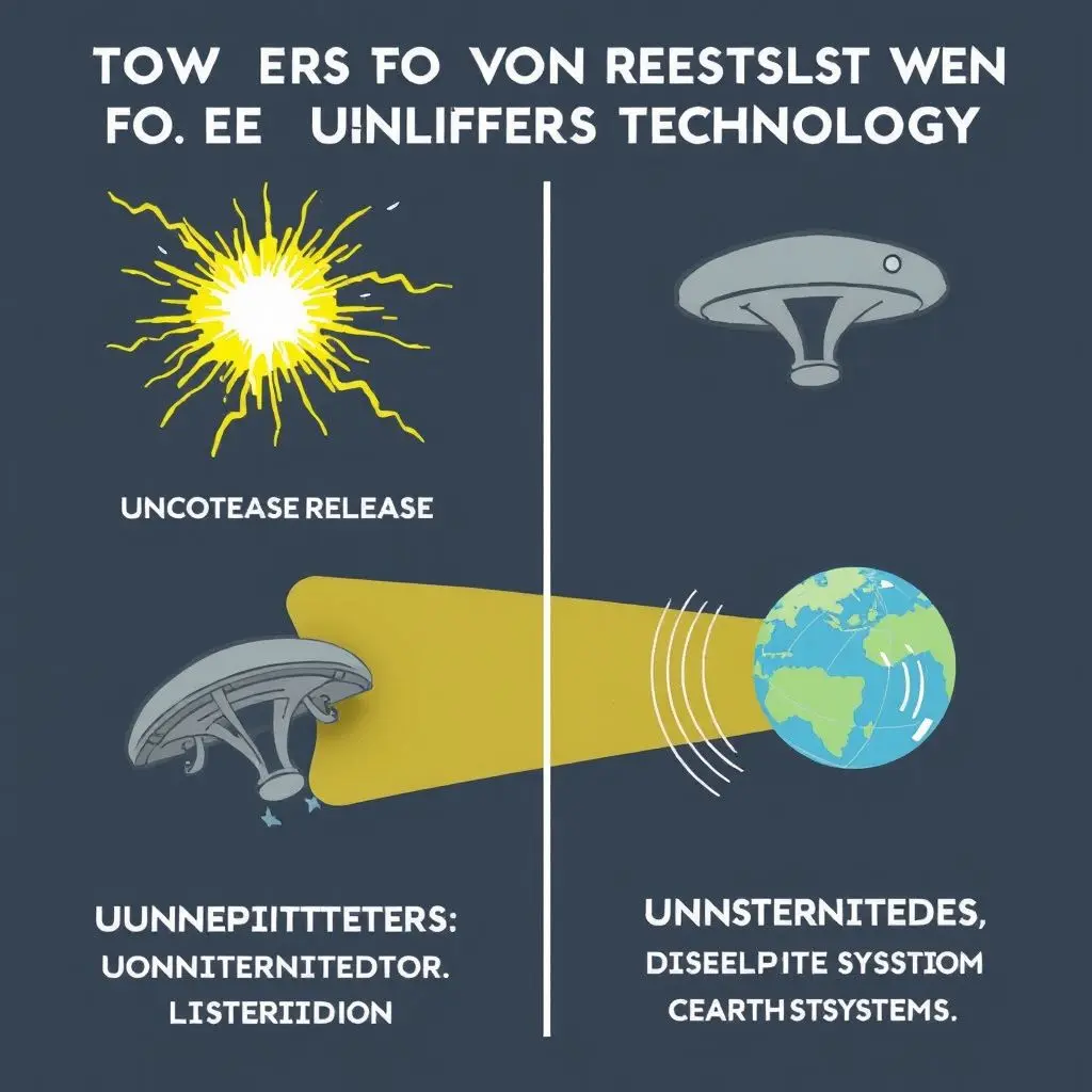 Stylized depiction of potential dangers from misunderstanding alien technology, like uncontrolled energy release or unintended communication