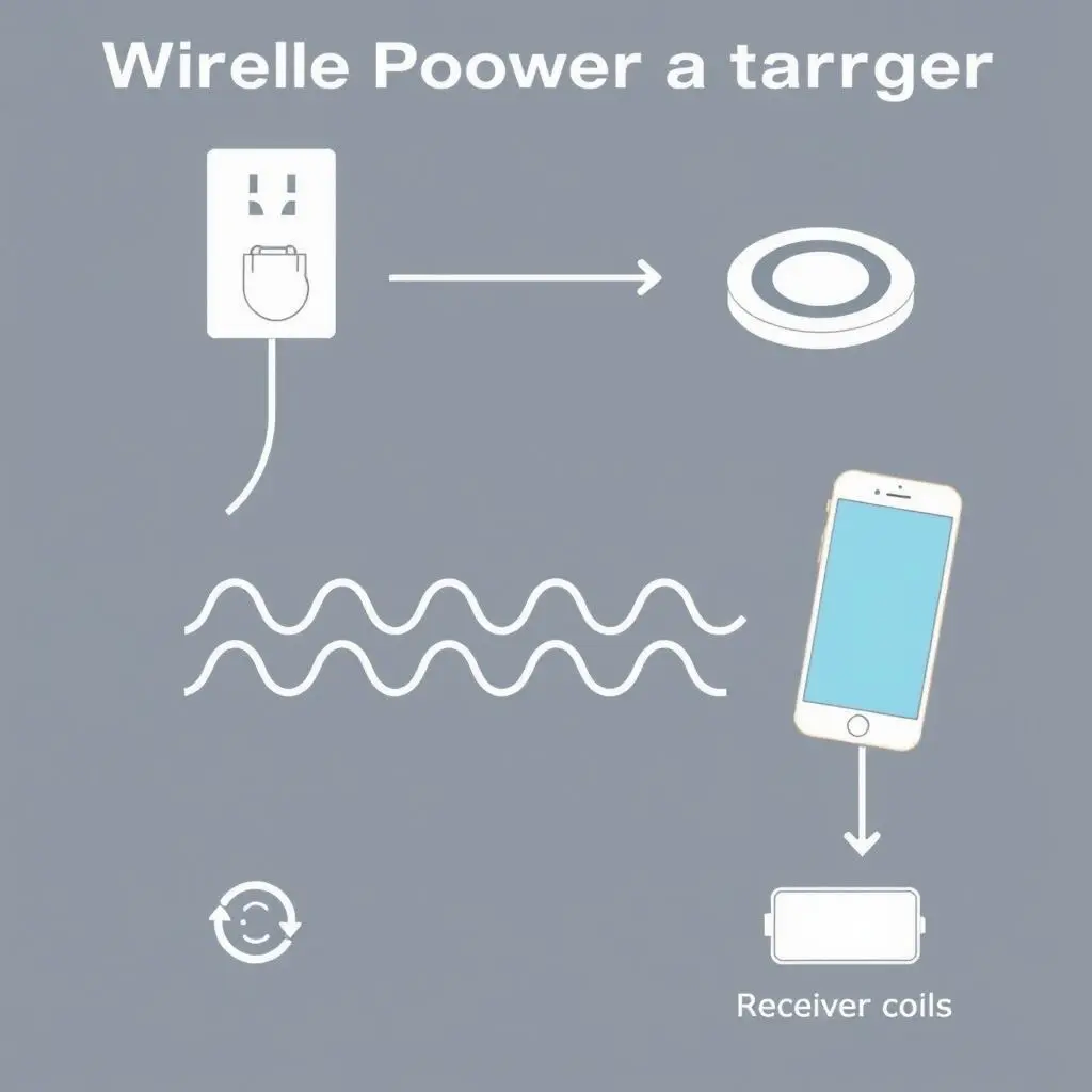 Diagram showing power flowing from wall outlet to charging pad, inducing power in the phone's receiver, then to battery.