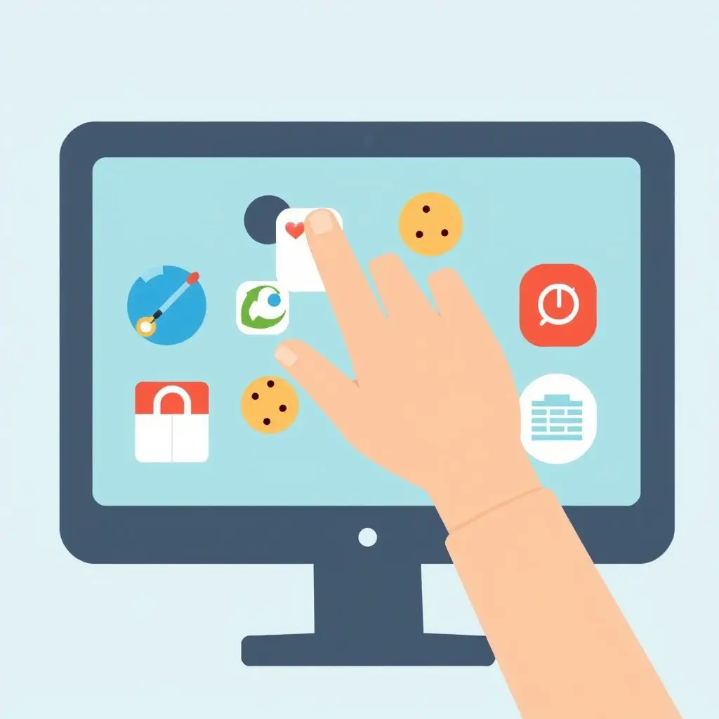 A hand clearing browsing history, cookies, and temporary site data icons on a computer screen