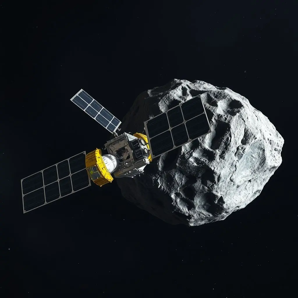 Artist's conception of the NASA Psyche spacecraft orbiting the metallic asteroid 16 Psyche.