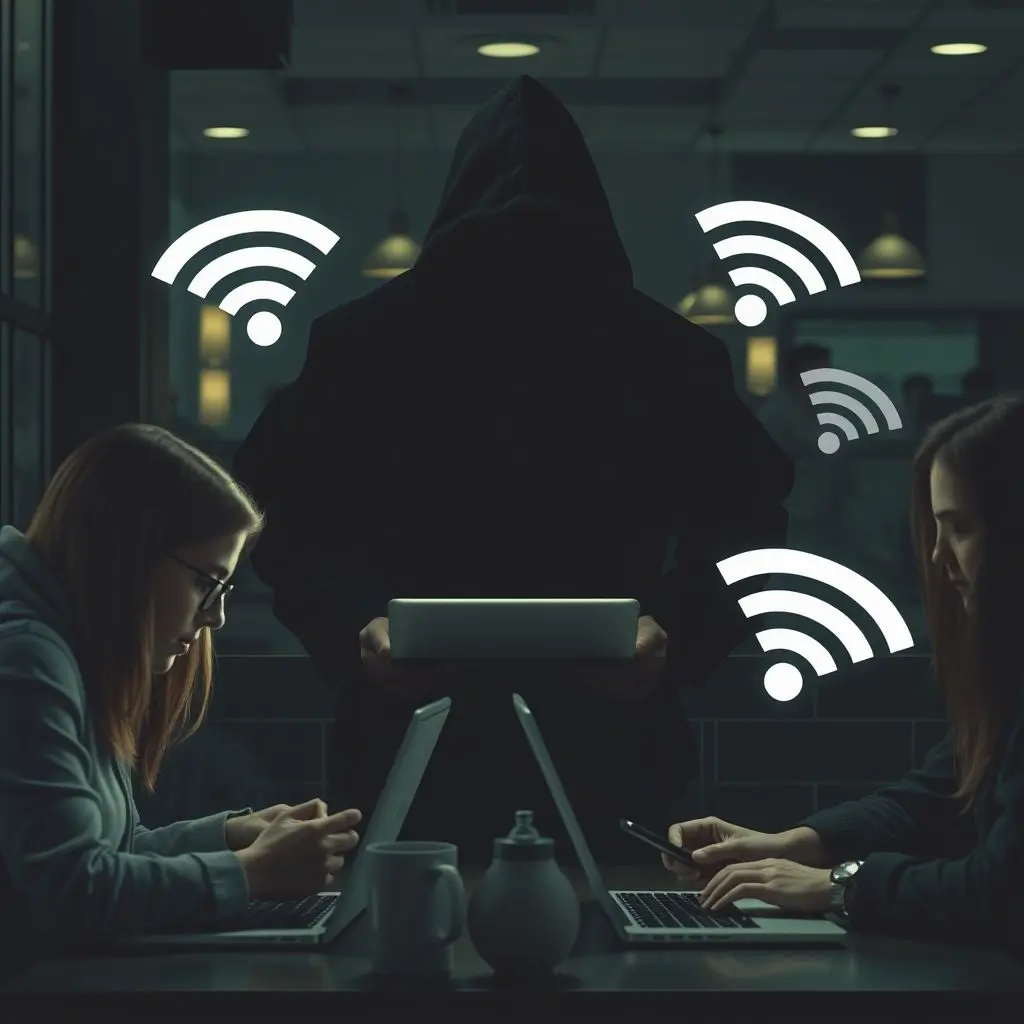 Shadowy hacker figure observing people using public Wi-Fi in a cafe, symbolizing hidden data theft threats.