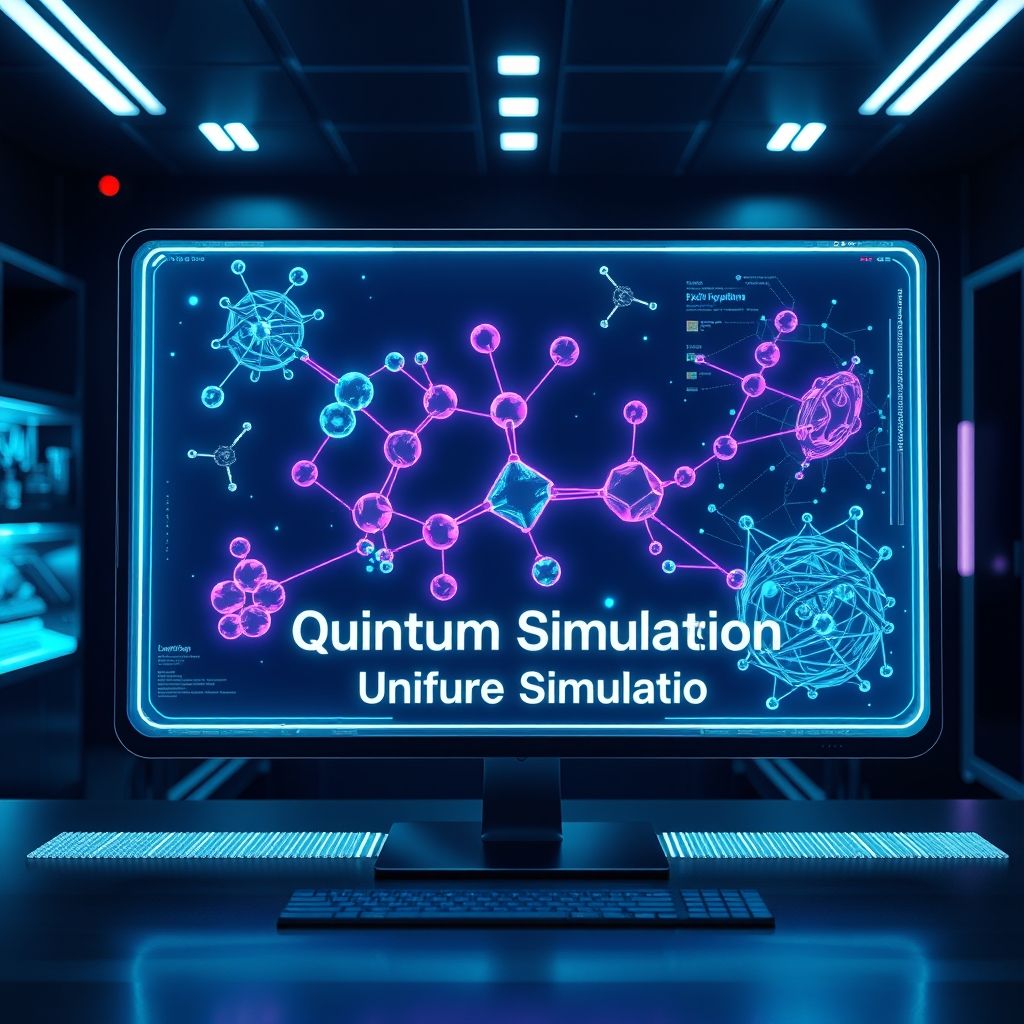 Visualization of a complex molecule being simulated on a quantum computer interface, showing potential interaction sites.