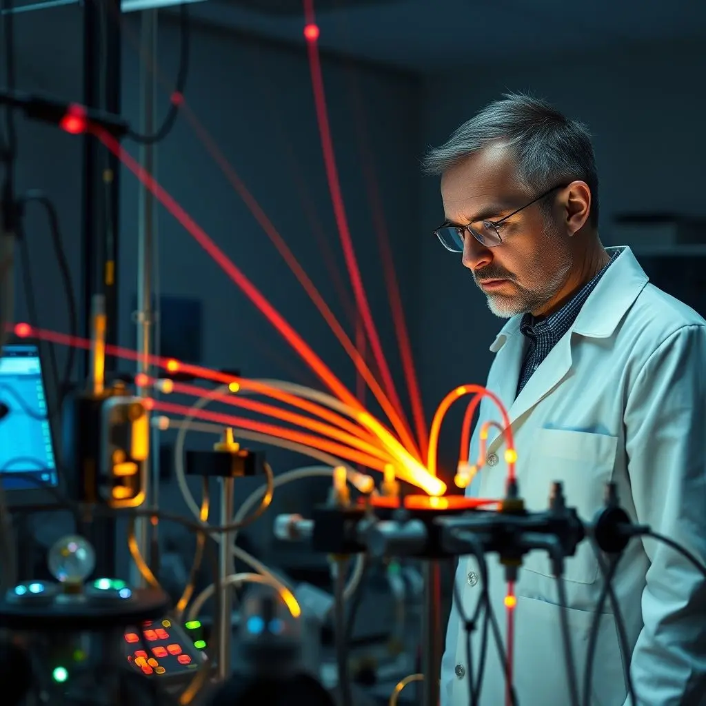 Scientist in a modern laboratory working with complex quantum optical equipment