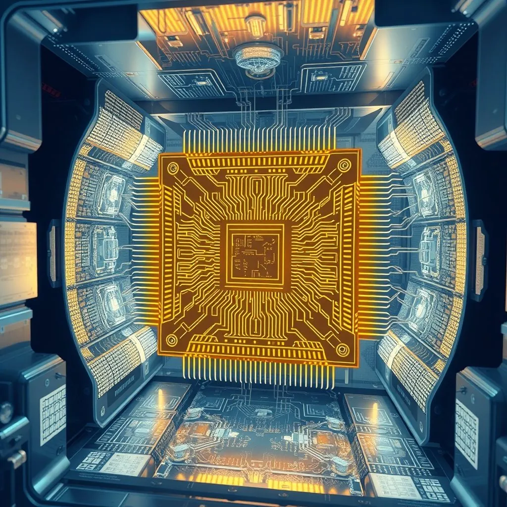 Illustration of a complex quantum computing chip inside a dilution refrigerator with intricate wiring.