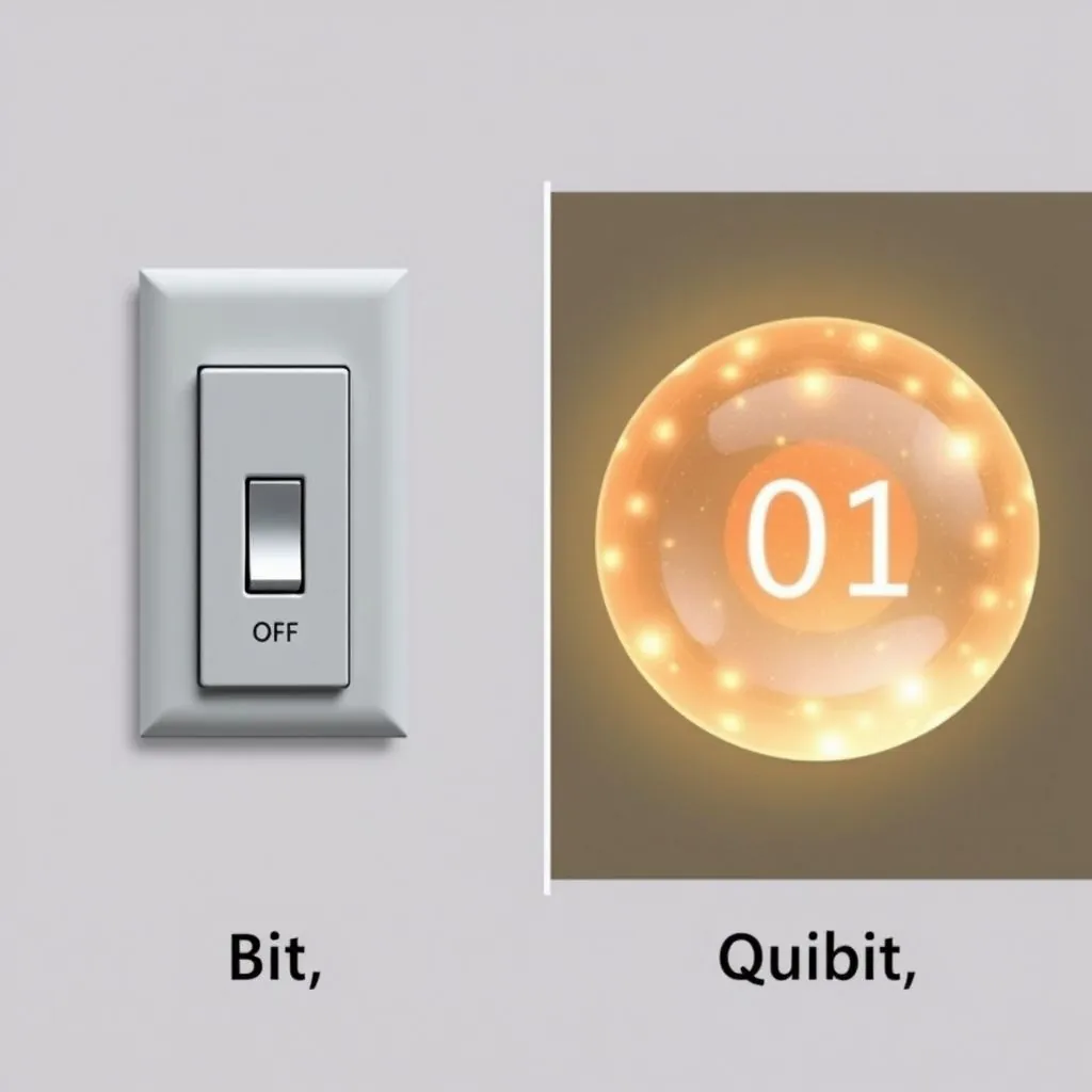 Visual comparison showing a classical bit as a switch (0 or 1) versus a quantum qubit as a sphere representing multiple states simultaneously.