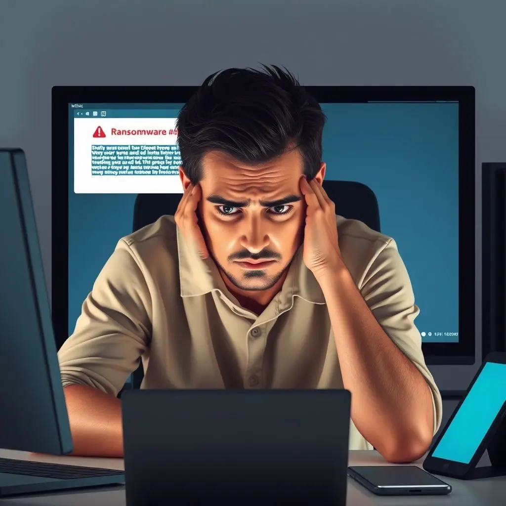 Stressed individual in front of a computer displaying a ransomware note