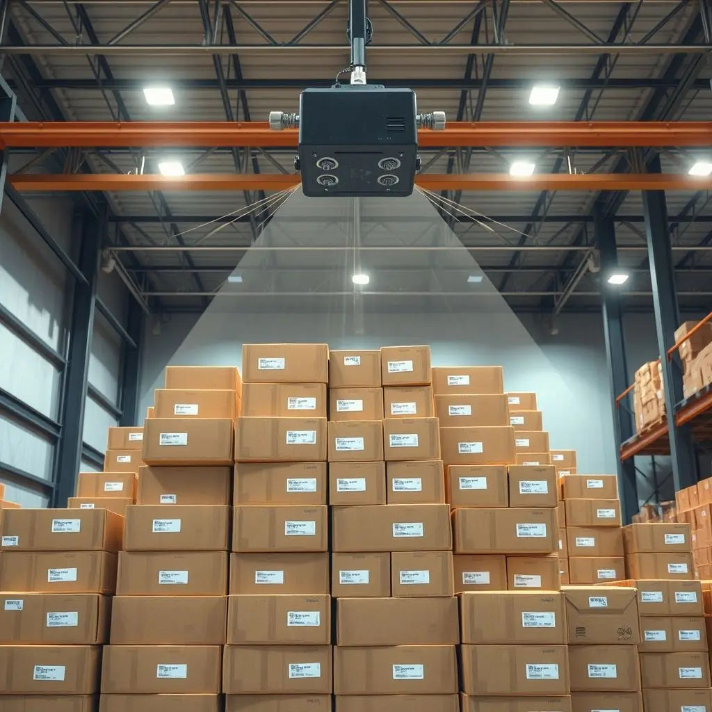 Warehouse scene showing boxes with RFID tags and an overhead reader scanning them.