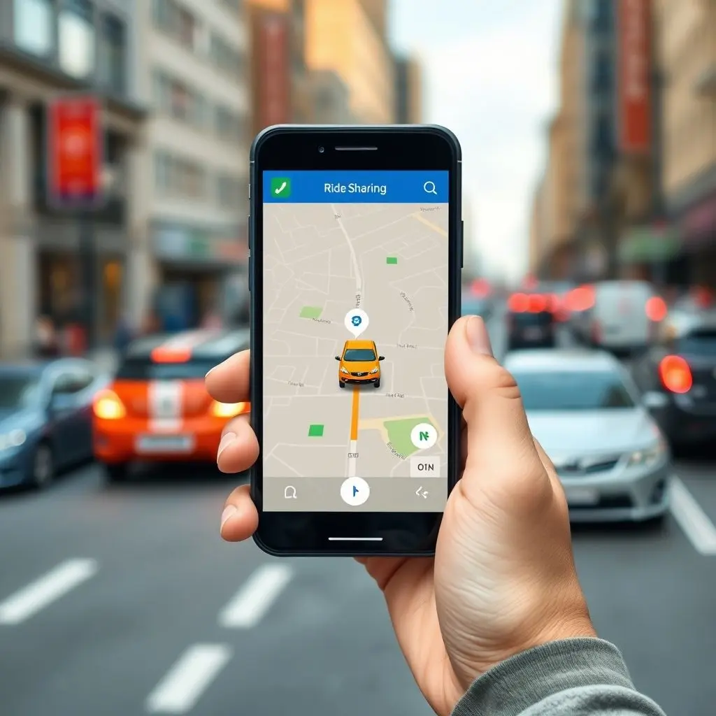 Smartphone screen showing a ride-sharing app with a map and a car icon. Hand holding the phone.