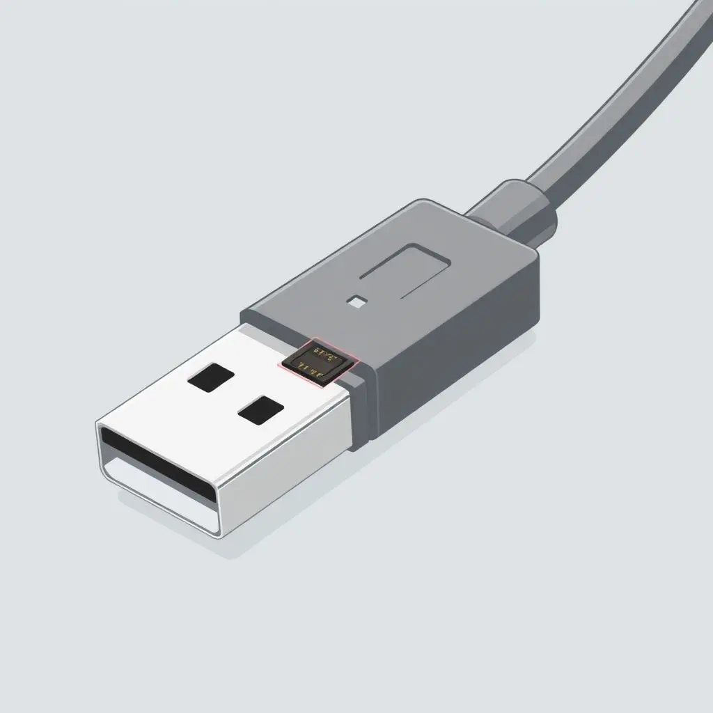 Illustration of a standard-looking USB cable with a hidden chip inside, suggesting it's rigged.