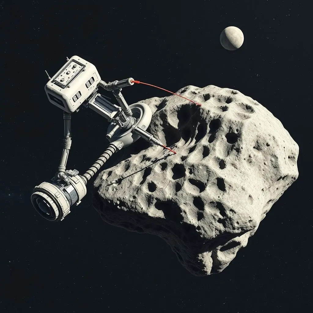 Rendering of a robotic spacecraft using an arm to grapple onto the surface of an asteroid.