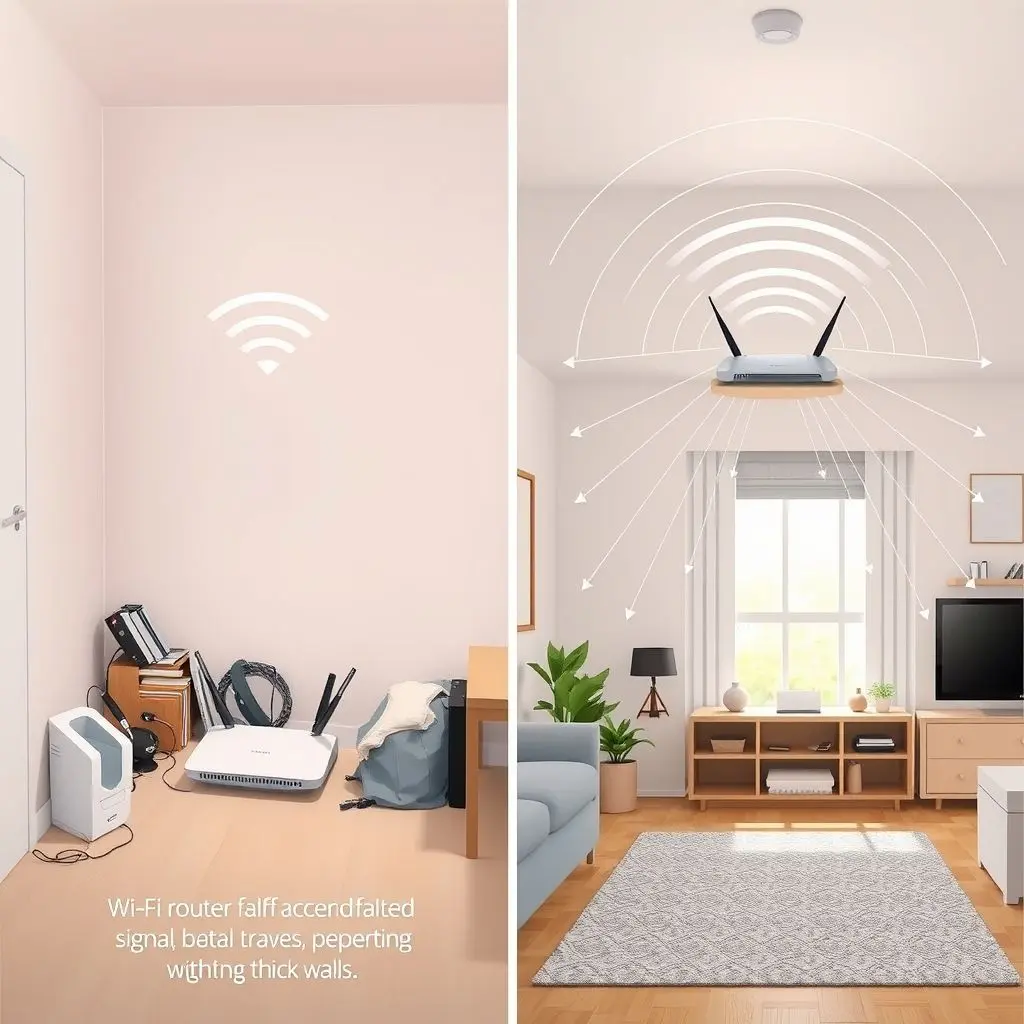 Illustrations showing bad router placement (low, corner, near metal) vs good (high, central)