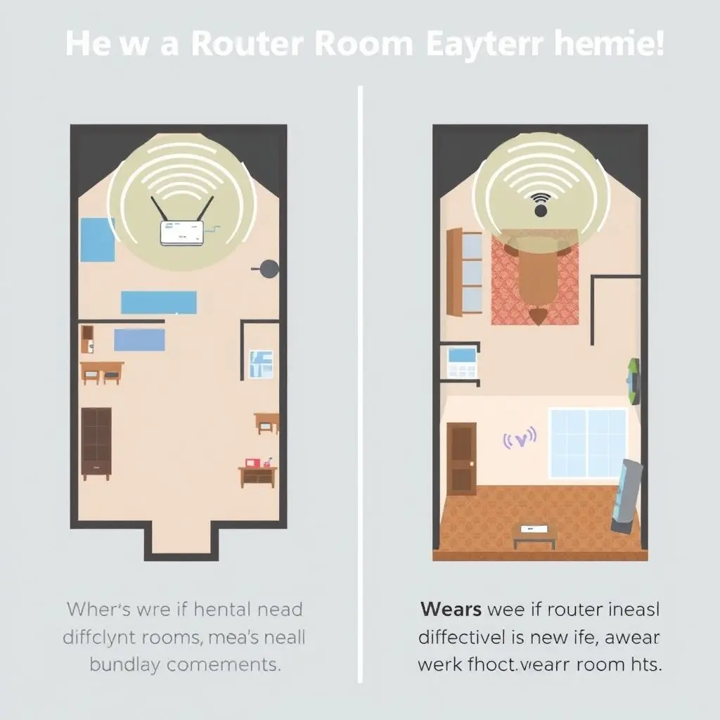 Illustration showing a home layout with a router placed centrally and Wi-Fi signals reaching different rooms effectively, contrasted with a router placed poorly near obstacles.