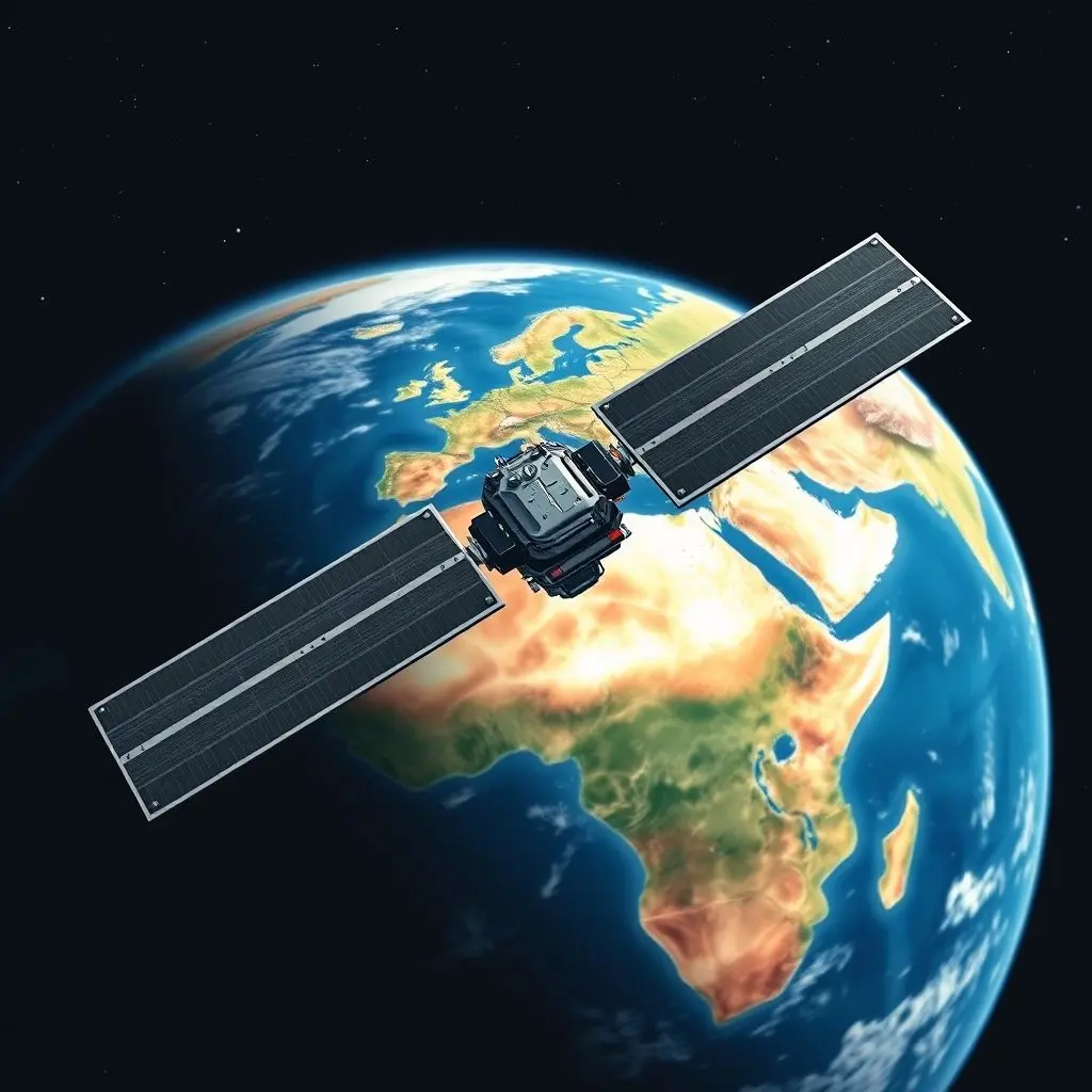 A modern satellite orbiting Earth, showcasing its speed and the planet's curvature.
