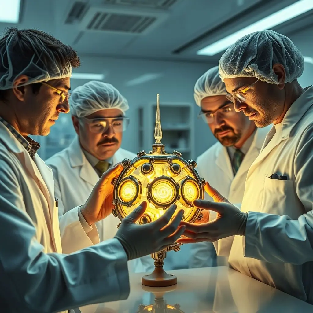 Scientists in a lab carefully examining a complex, non-human artifact glowing with strange energy