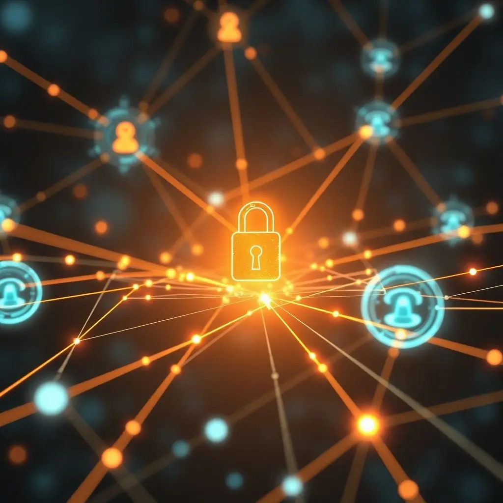 Futuristic secure communication network with glowing quantum data streams