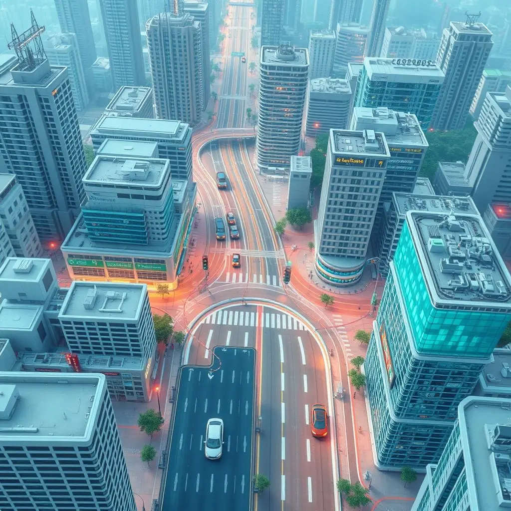 Illustration of a futuristic smart city with interconnected systems