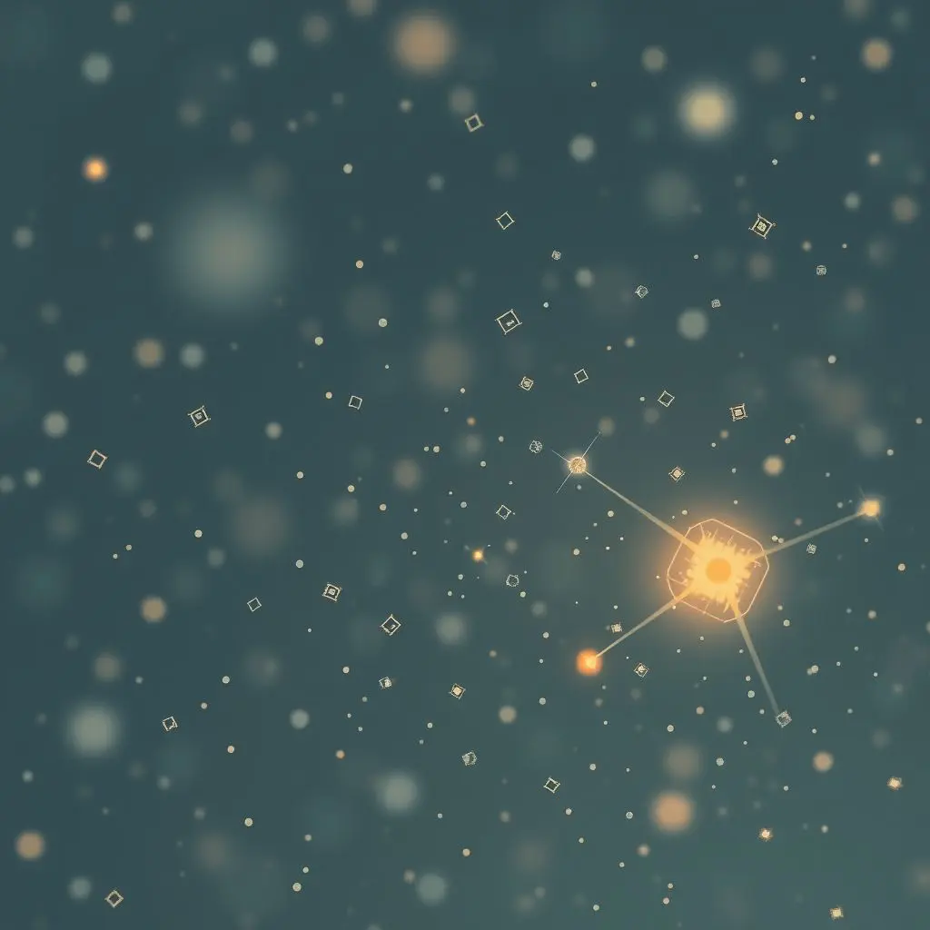 Illustration of smart dust motes, tiny tech particles, floating in the air with faint glowing nodes connecting them wirelessly.