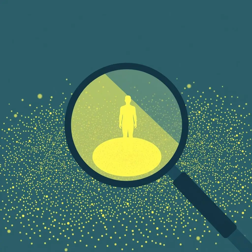 Abstract illustration showing tiny smart dust motes forming a network with a magnifying glass hovering over a person, representing privacy concerns.