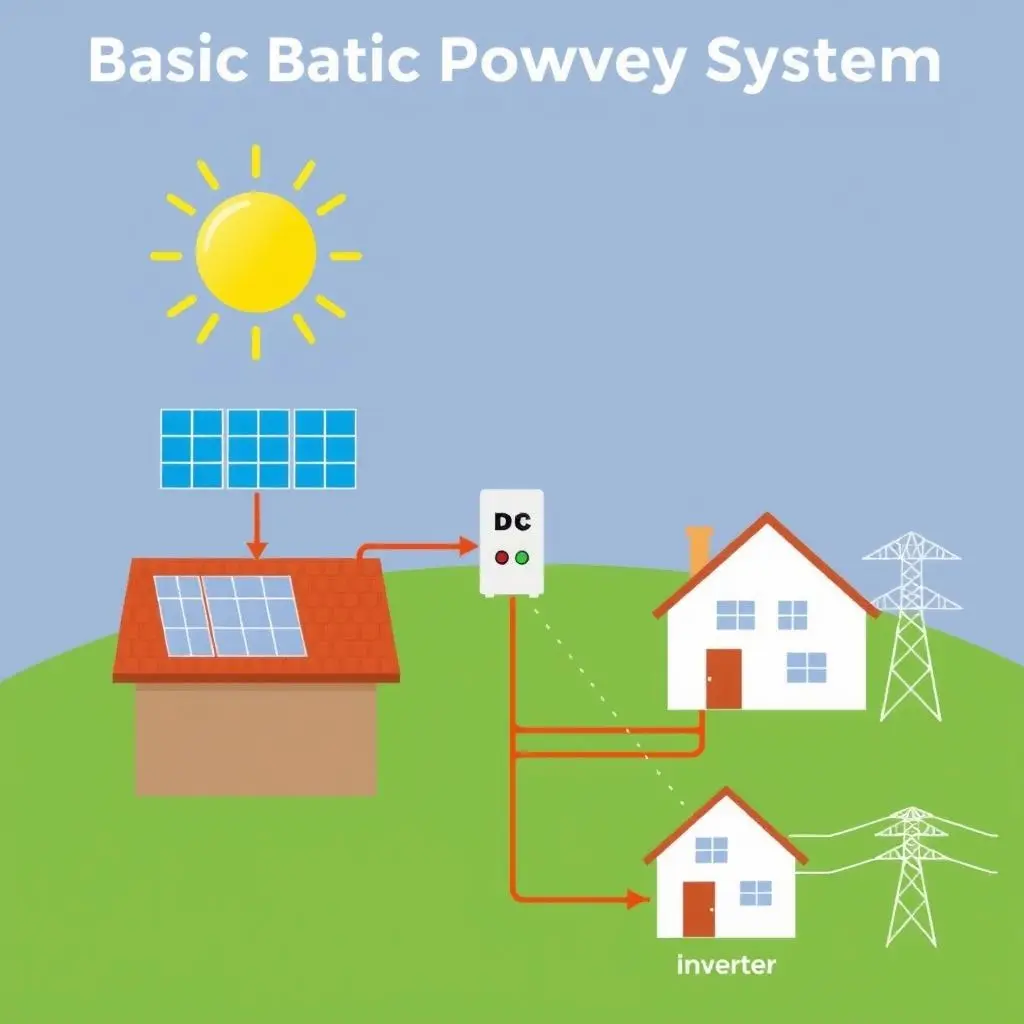 Diagram showing solar panels generating DC power which is converted to AC power by an inverter for home use or the grid