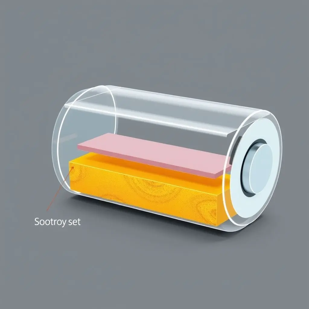 Illustration of a solid-state battery structure showing solid electrolyte layer between anode and cathode.