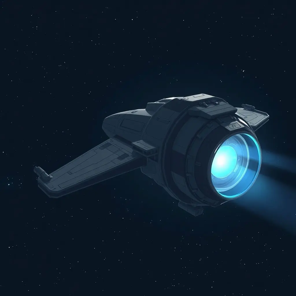 Illustration of a spacecraft in space with visible ion engine exhaust