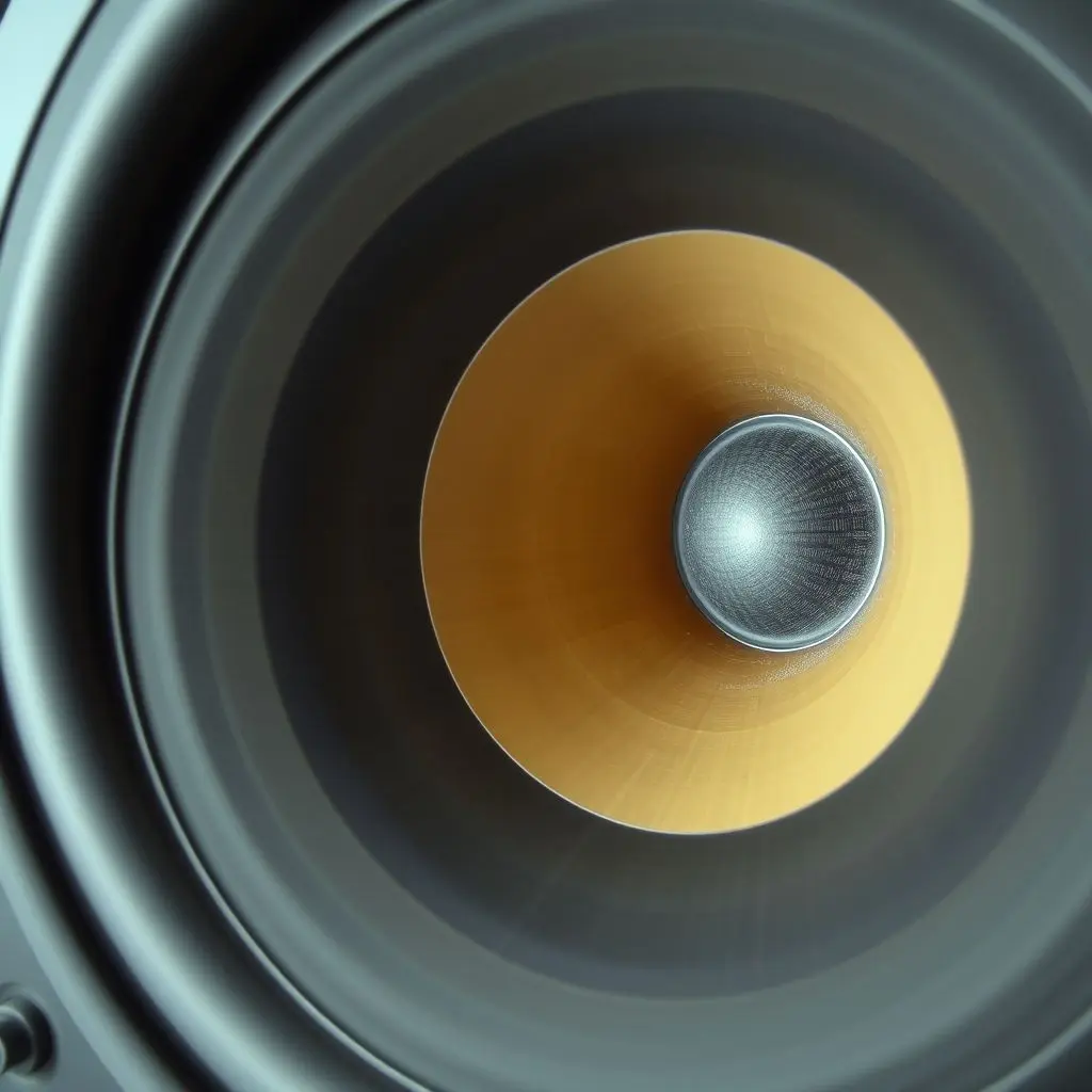 Illustration of a speaker diaphragm vibrating and creating sound waves in the air