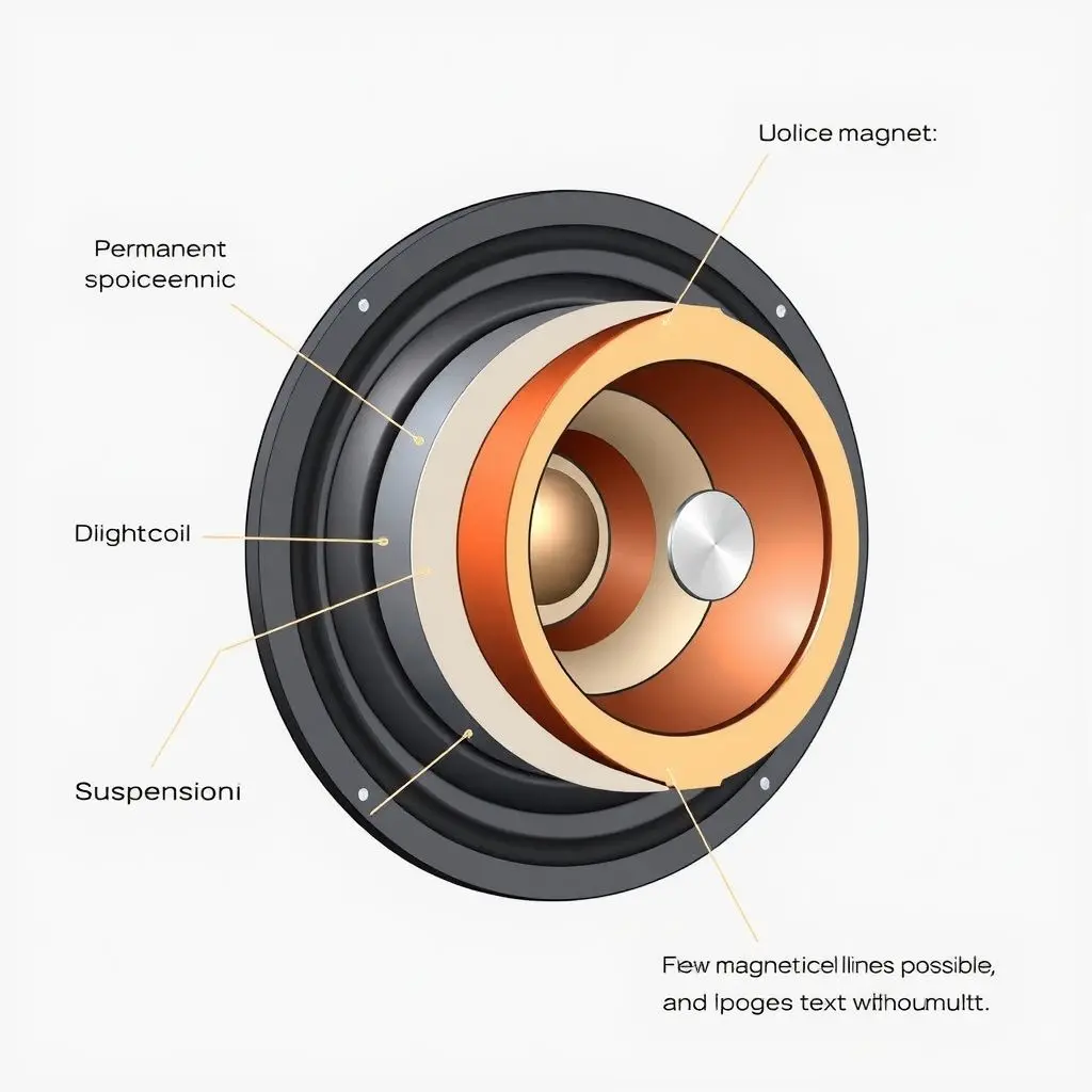 Cutaway view of a speaker driver showing the magnet, voice coil, and diaphragm